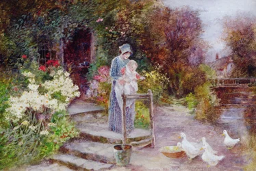 Frau und Kind in einem Cottage-Garten